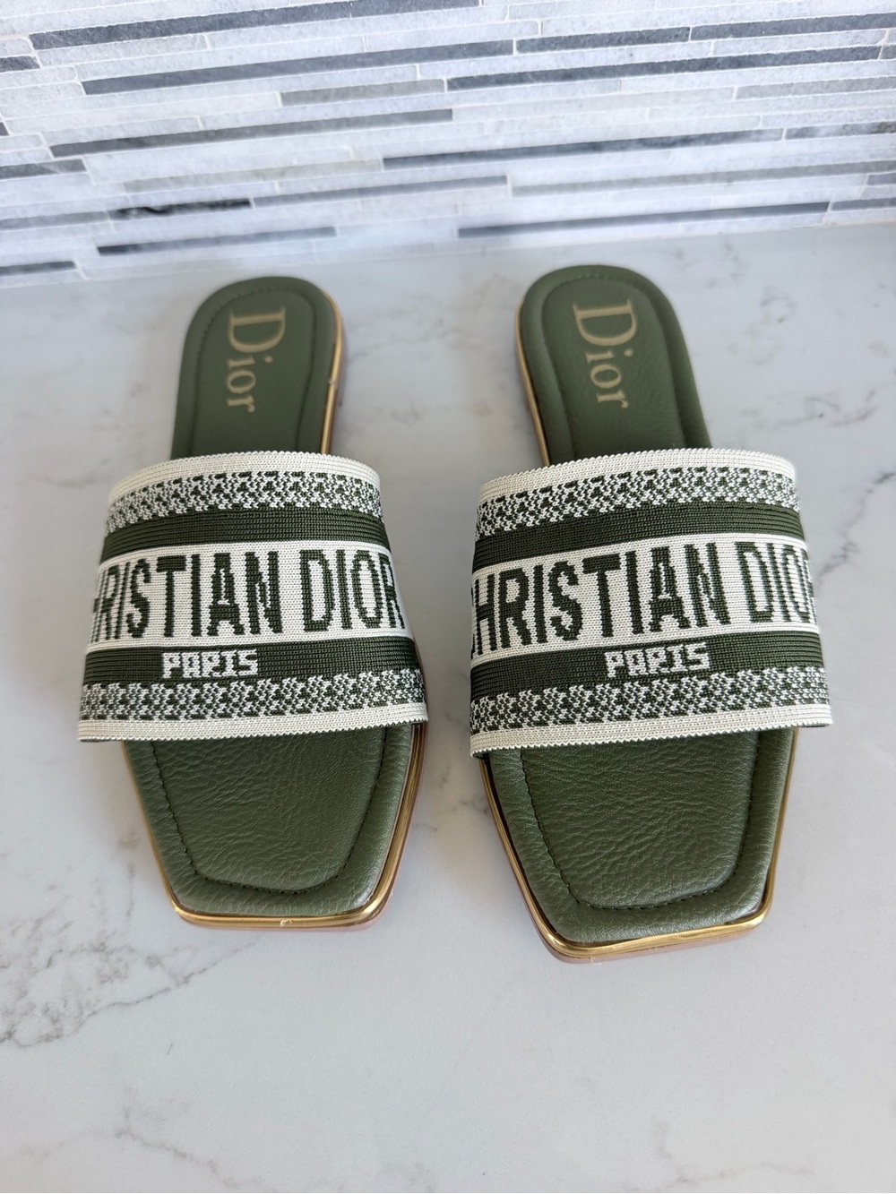 Dior Olive Green Logo Canvas Slide Sandals size 7 - Picture 1 of 12